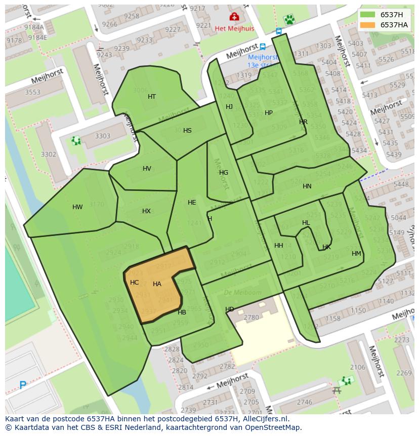 Afbeelding van het postcodegebied 6537 HA op de kaart.