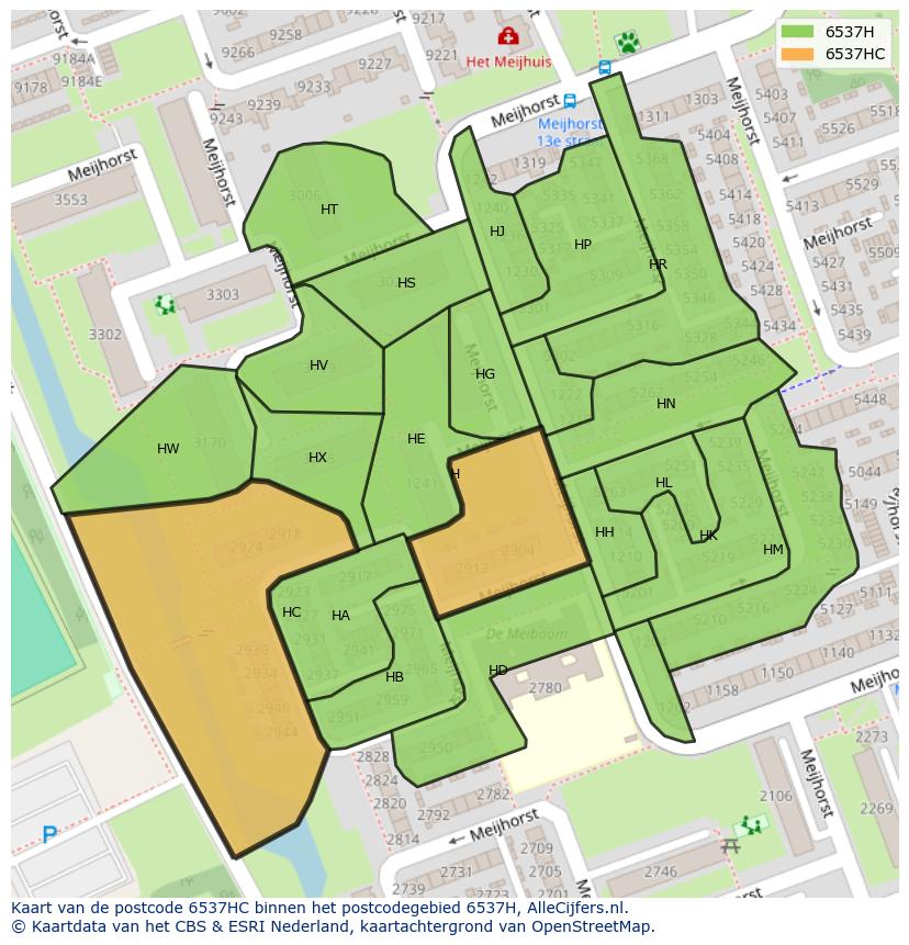 Afbeelding van het postcodegebied 6537 HC op de kaart.