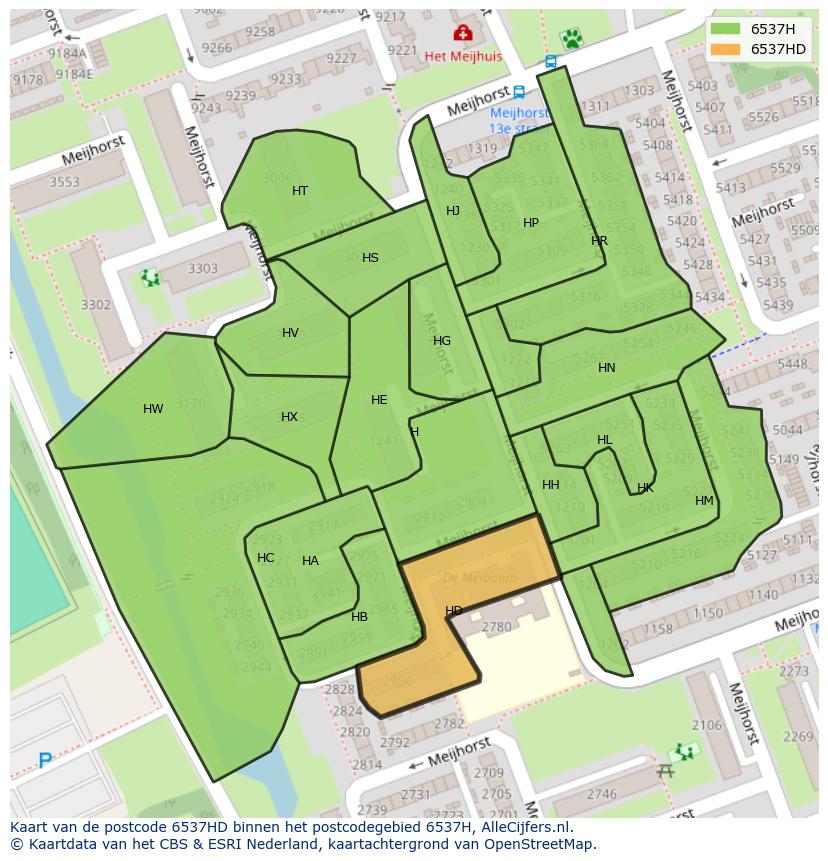 Afbeelding van het postcodegebied 6537 HD op de kaart.