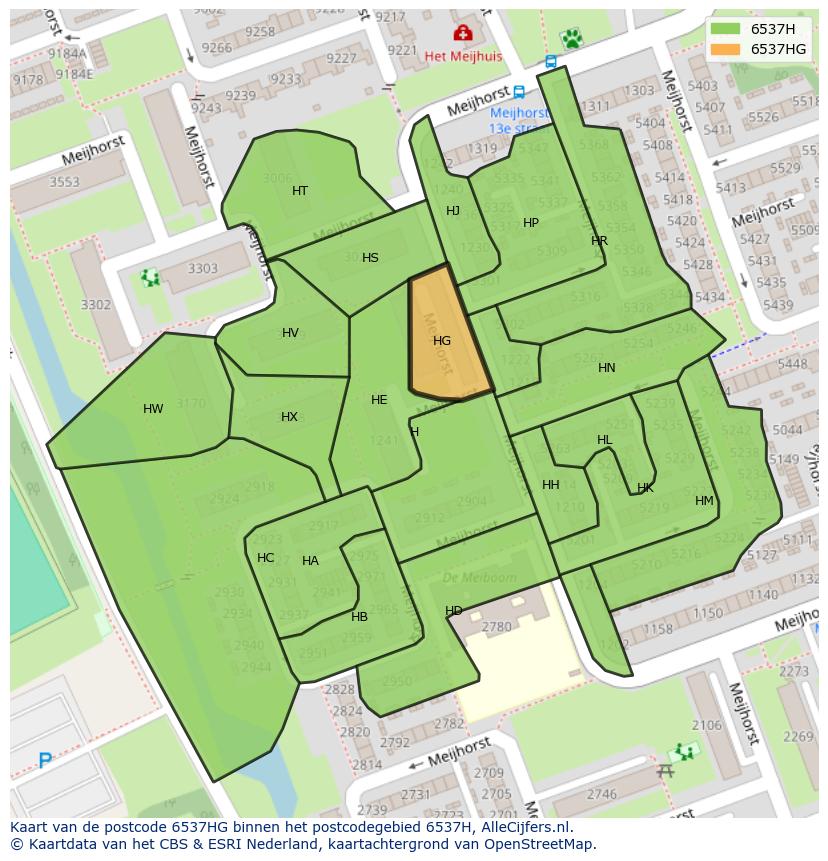 Afbeelding van het postcodegebied 6537 HG op de kaart.