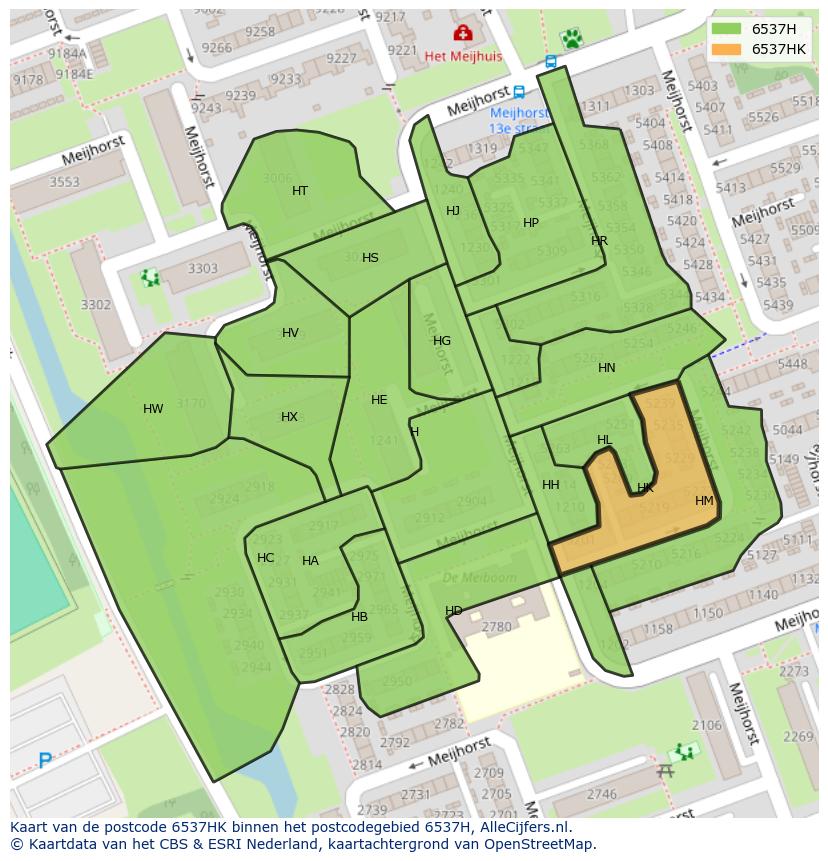 Afbeelding van het postcodegebied 6537 HK op de kaart.