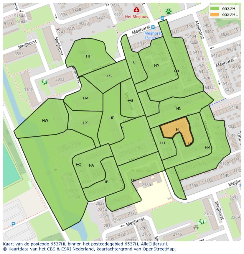 Afbeelding van het postcodegebied 6537 HL op de kaart.