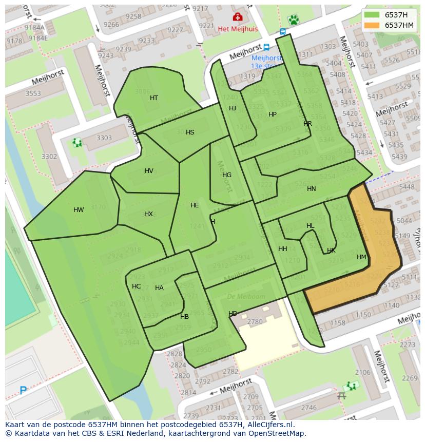 Afbeelding van het postcodegebied 6537 HM op de kaart.
