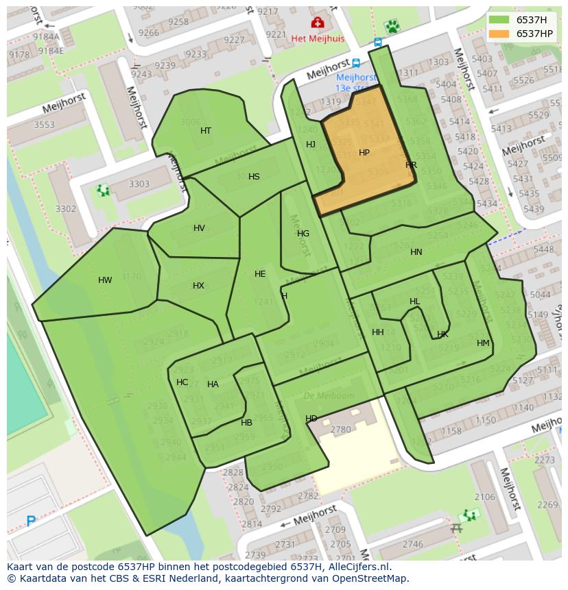Afbeelding van het postcodegebied 6537 HP op de kaart.