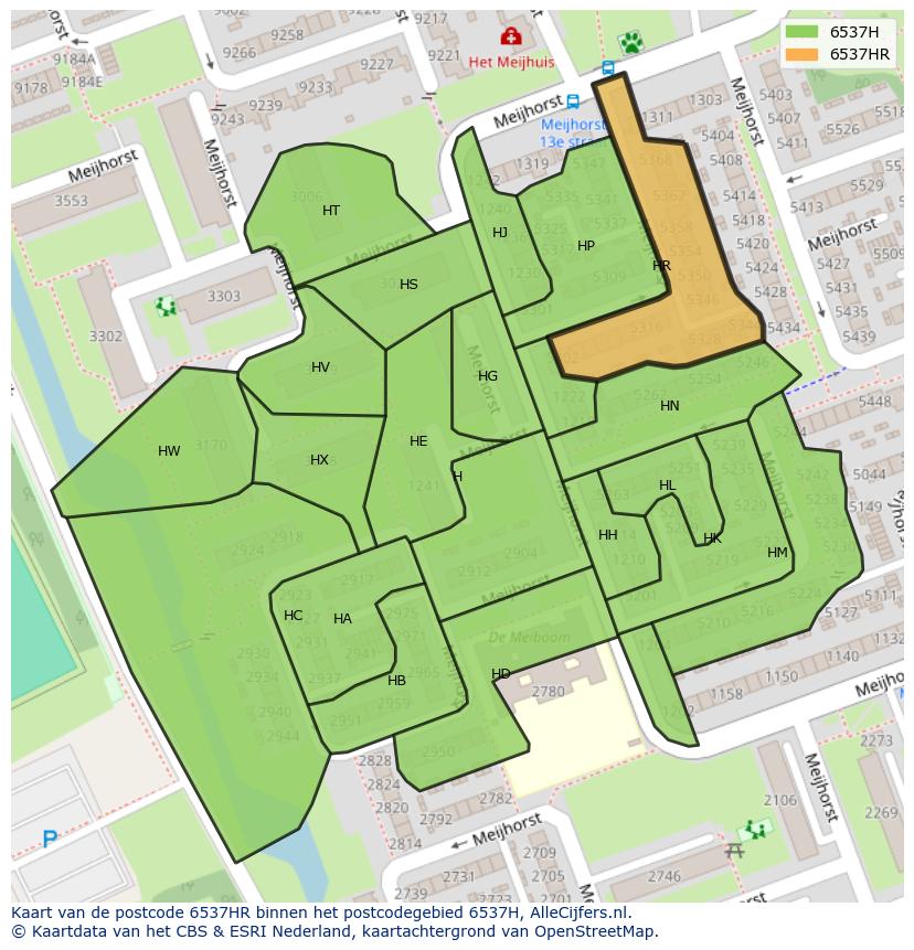 Afbeelding van het postcodegebied 6537 HR op de kaart.
