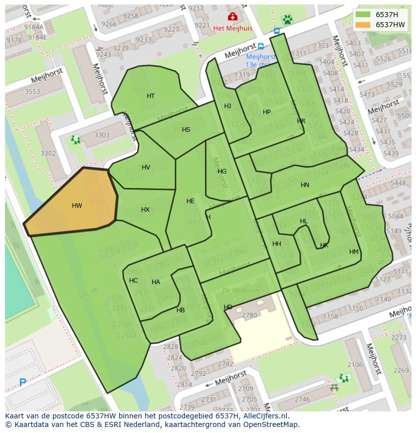 Afbeelding van het postcodegebied 6537 HW op de kaart.