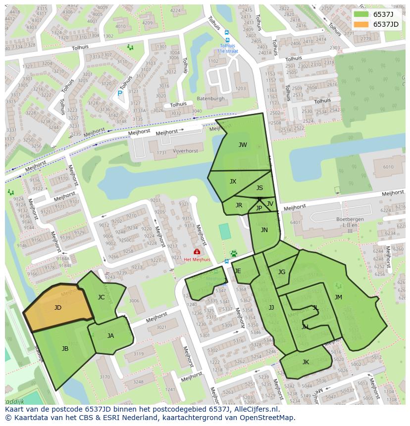 Afbeelding van het postcodegebied 6537 JD op de kaart.