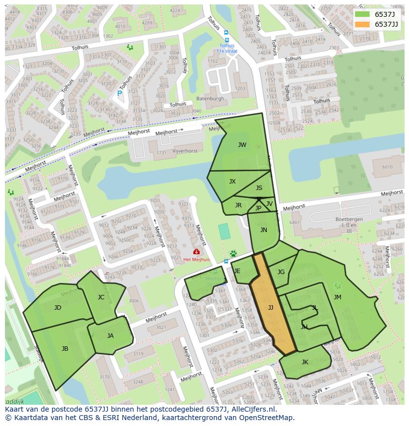 Afbeelding van het postcodegebied 6537 JJ op de kaart.