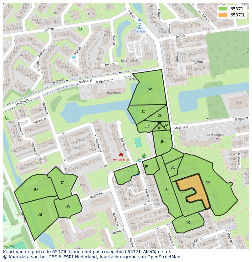 Afbeelding van het postcodegebied 6537 JL op de kaart.