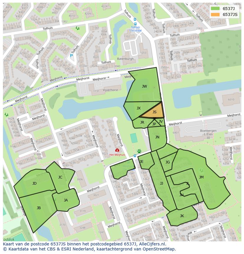 Afbeelding van het postcodegebied 6537 JS op de kaart.