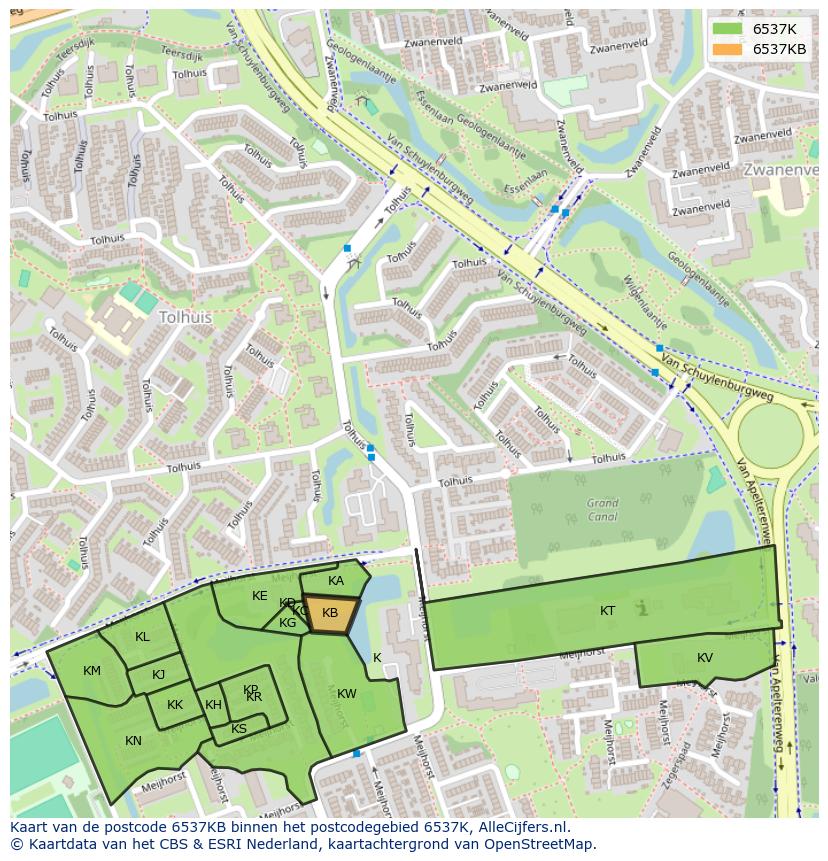 Afbeelding van het postcodegebied 6537 KB op de kaart.