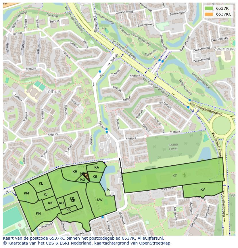 Afbeelding van het postcodegebied 6537 KC op de kaart.