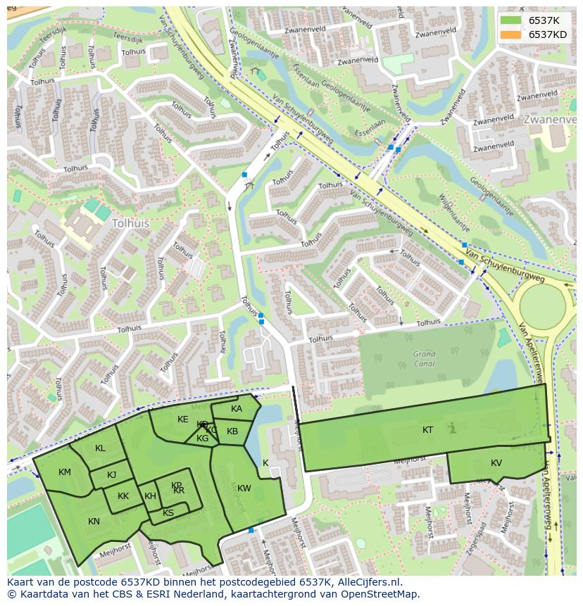 Afbeelding van het postcodegebied 6537 KD op de kaart.