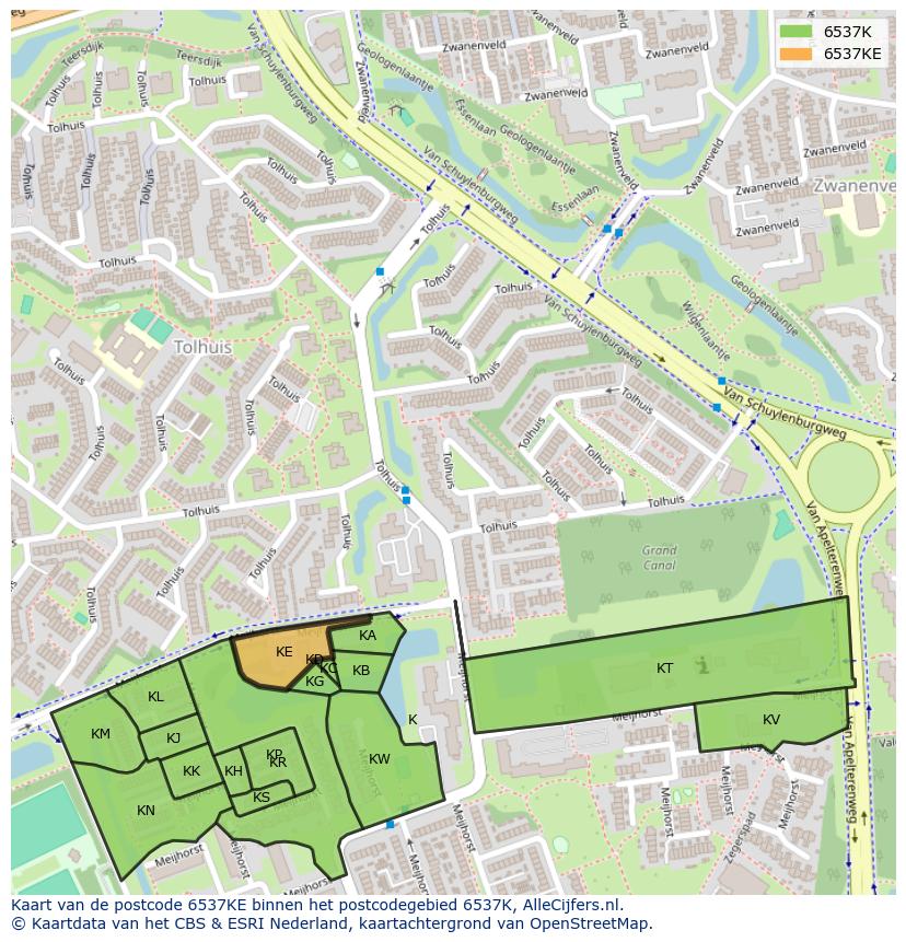 Afbeelding van het postcodegebied 6537 KE op de kaart.
