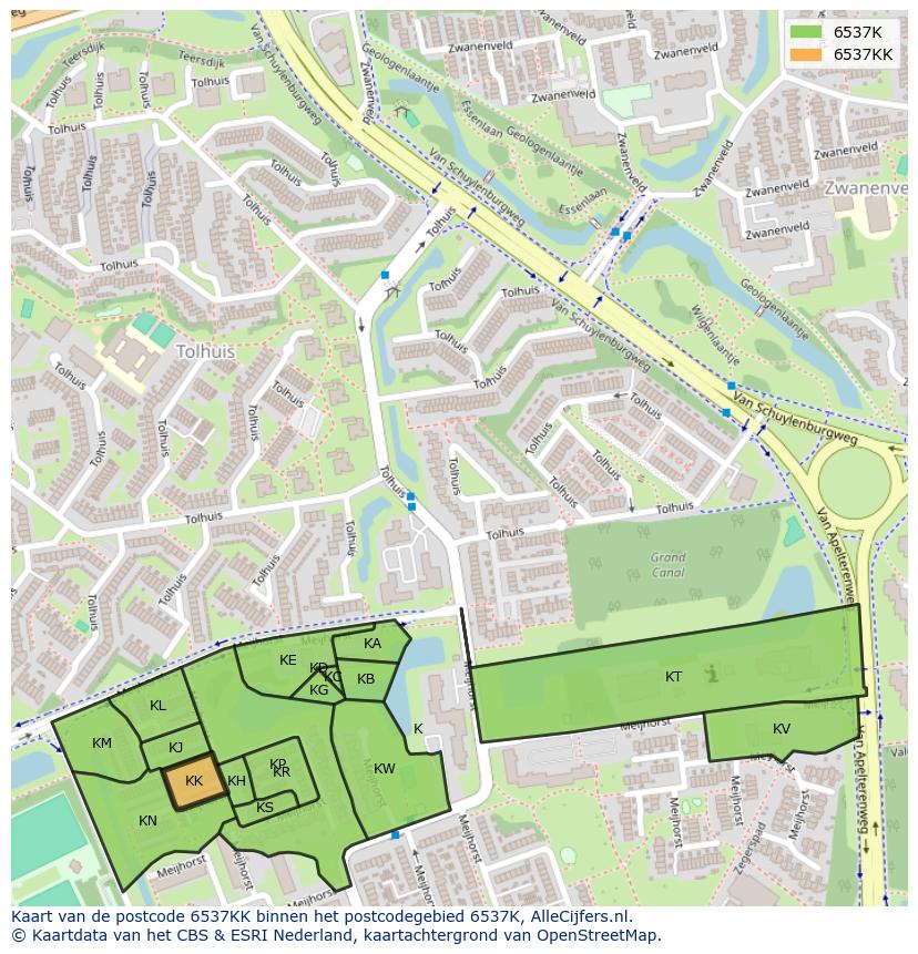 Afbeelding van het postcodegebied 6537 KK op de kaart.