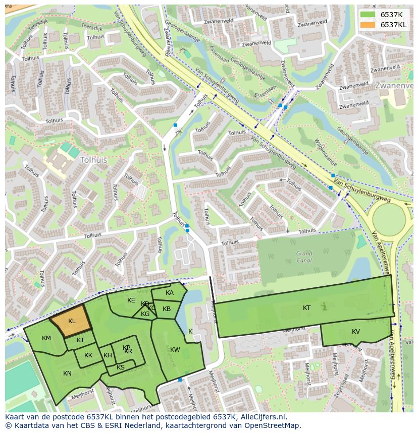 Afbeelding van het postcodegebied 6537 KL op de kaart.
