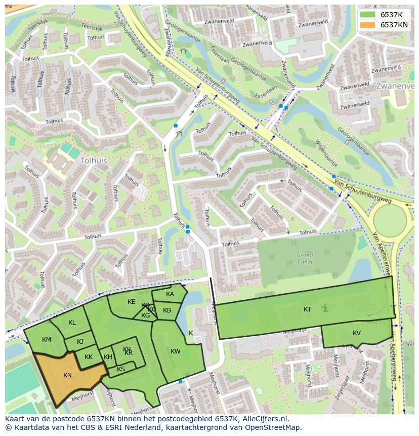 Afbeelding van het postcodegebied 6537 KN op de kaart.