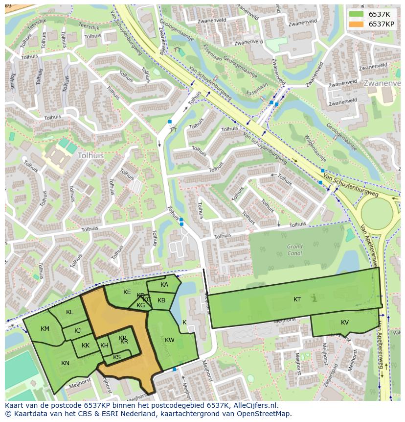 Afbeelding van het postcodegebied 6537 KP op de kaart.