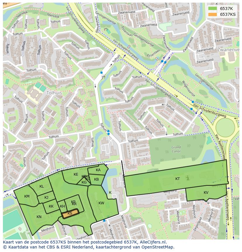 Afbeelding van het postcodegebied 6537 KS op de kaart.