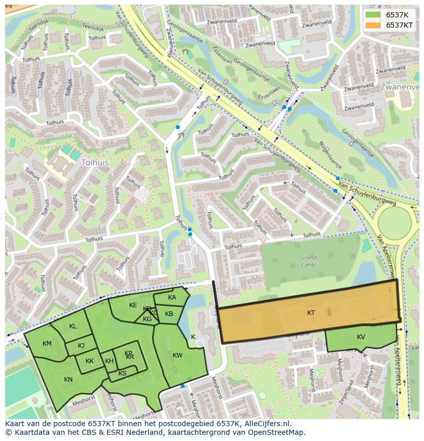 Afbeelding van het postcodegebied 6537 KT op de kaart.
