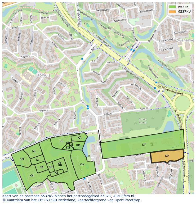 Afbeelding van het postcodegebied 6537 KV op de kaart.