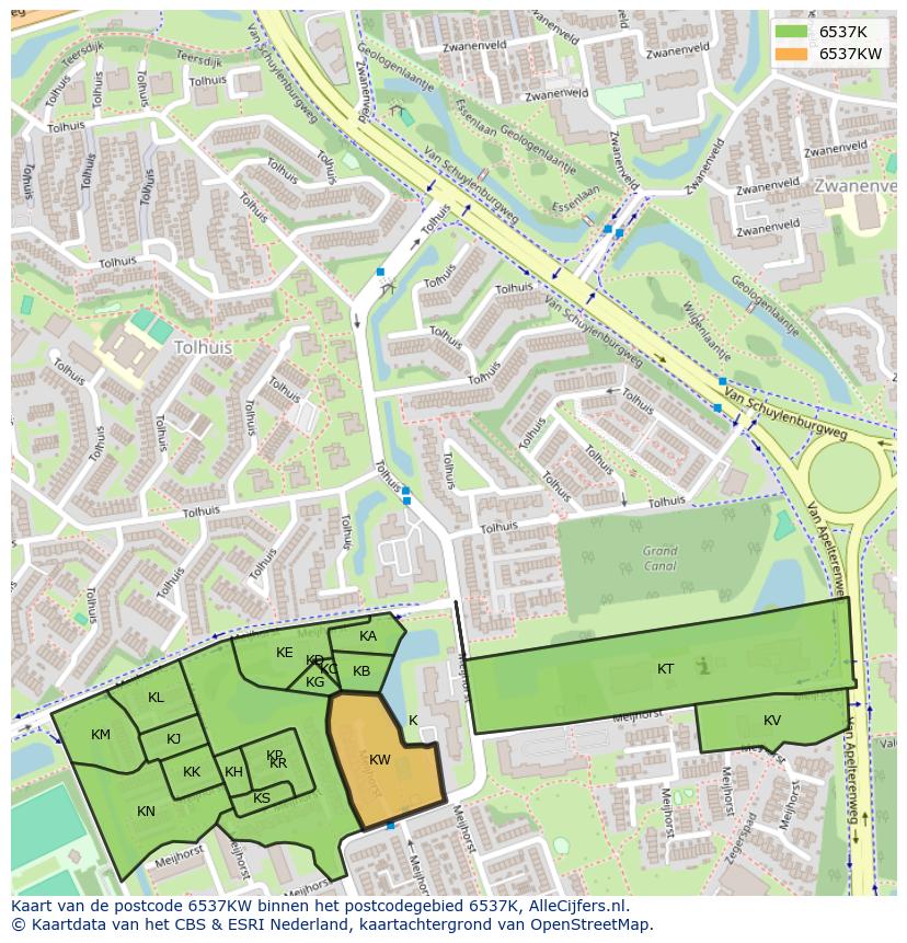 Afbeelding van het postcodegebied 6537 KW op de kaart.