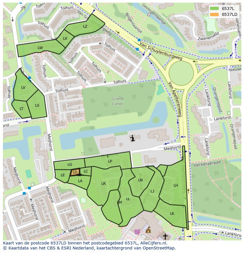 Afbeelding van het postcodegebied 6537 LD op de kaart.