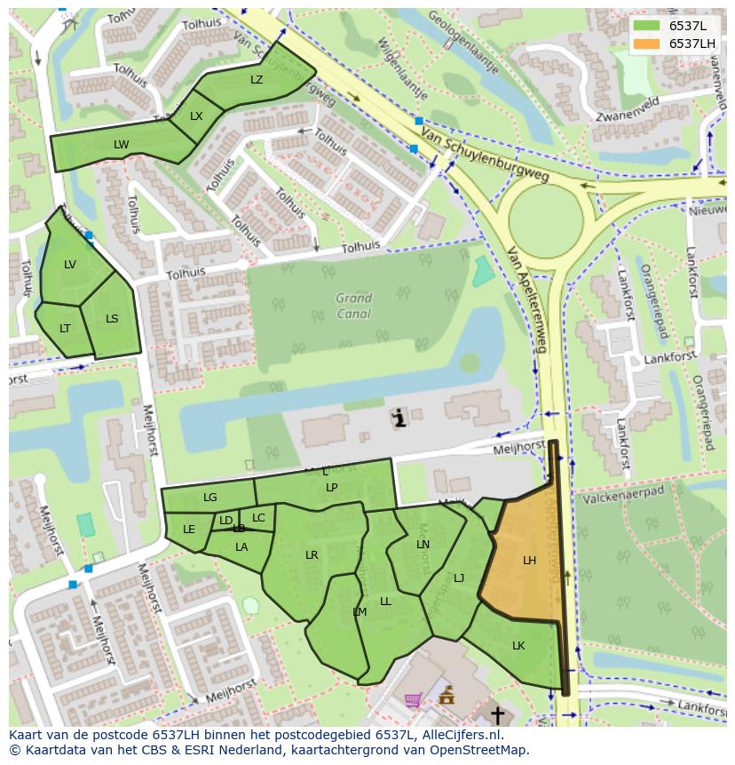 Afbeelding van het postcodegebied 6537 LH op de kaart.