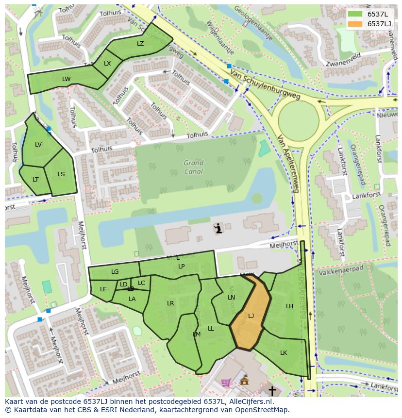 Afbeelding van het postcodegebied 6537 LJ op de kaart.