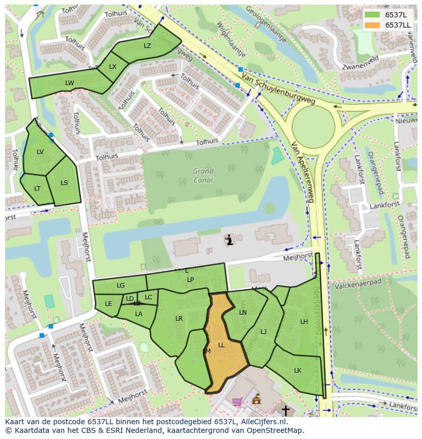 Afbeelding van het postcodegebied 6537 LL op de kaart.