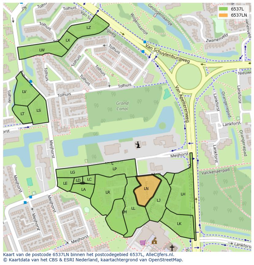 Afbeelding van het postcodegebied 6537 LN op de kaart.