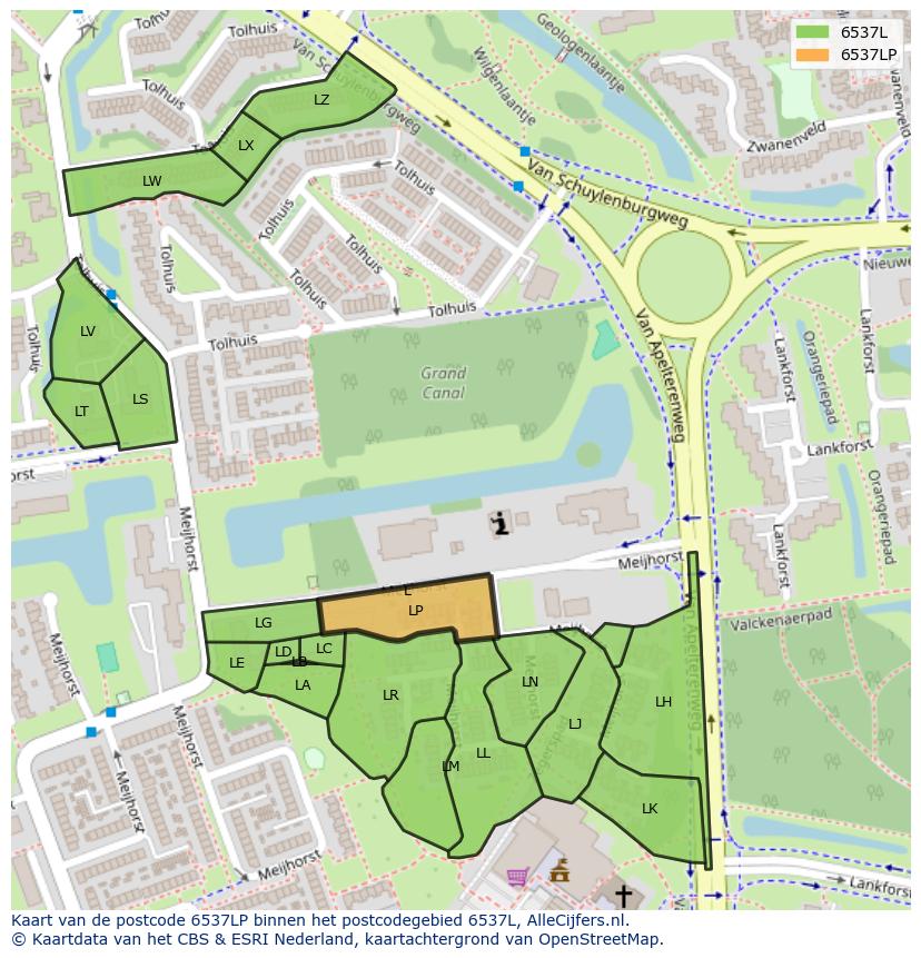 Afbeelding van het postcodegebied 6537 LP op de kaart.