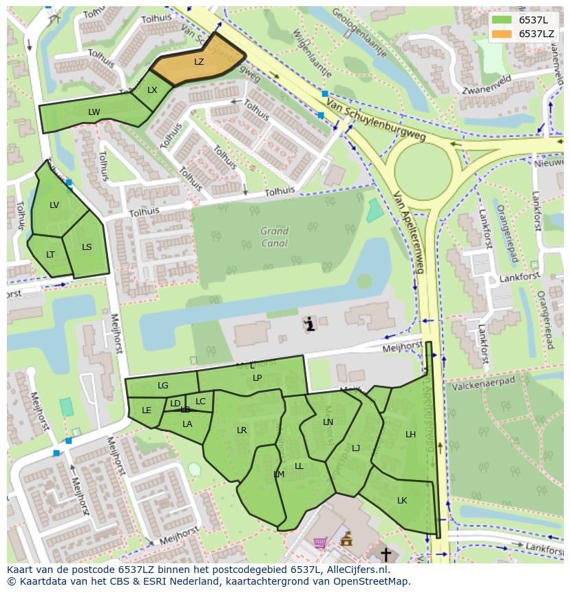Afbeelding van het postcodegebied 6537 LZ op de kaart.