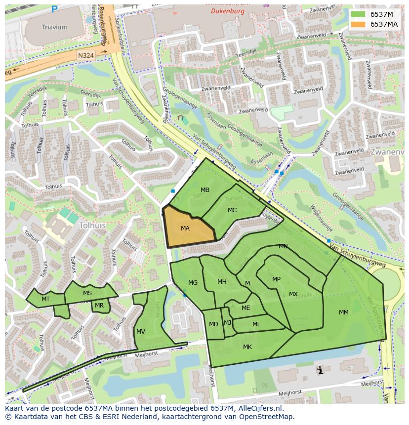 Afbeelding van het postcodegebied 6537 MA op de kaart.