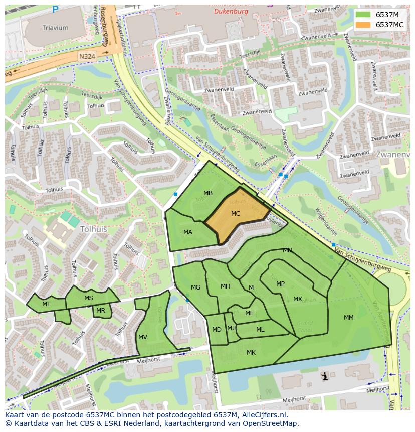 Afbeelding van het postcodegebied 6537 MC op de kaart.