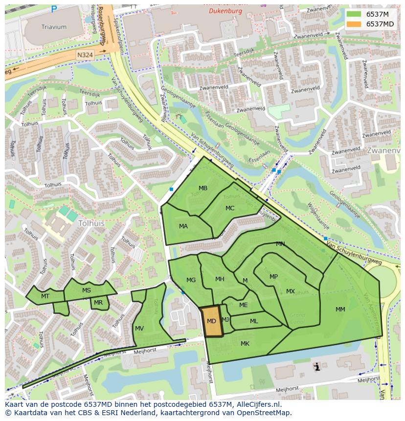 Afbeelding van het postcodegebied 6537 MD op de kaart.
