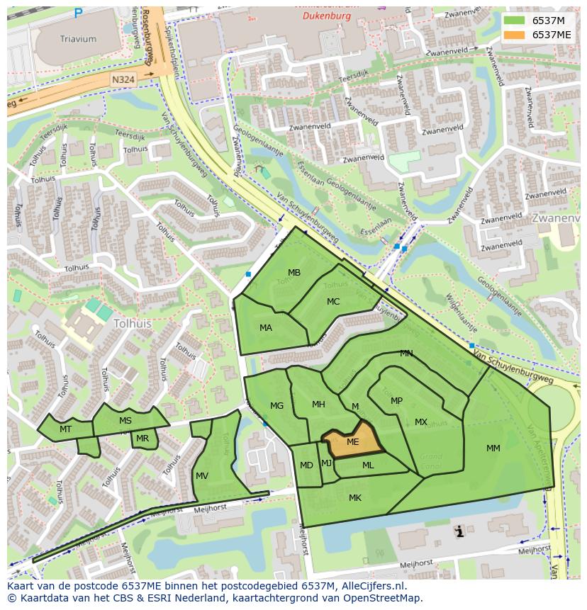 Afbeelding van het postcodegebied 6537 ME op de kaart.
