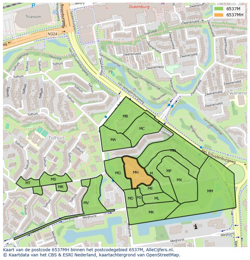 Afbeelding van het postcodegebied 6537 MH op de kaart.