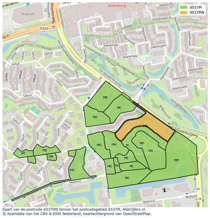 Afbeelding van het postcodegebied 6537 MN op de kaart.