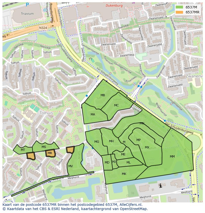 Afbeelding van het postcodegebied 6537 MR op de kaart.