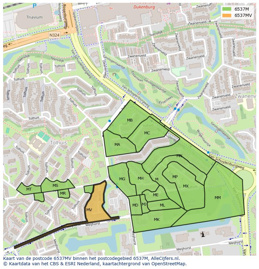 Afbeelding van het postcodegebied 6537 MV op de kaart.