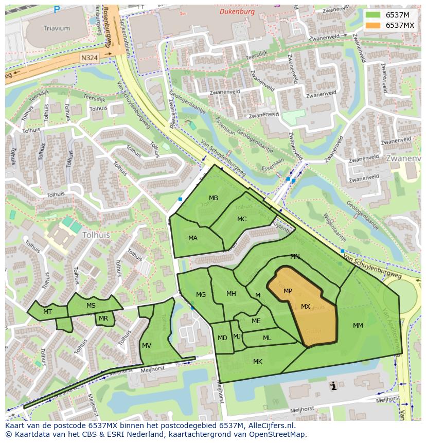 Afbeelding van het postcodegebied 6537 MX op de kaart.