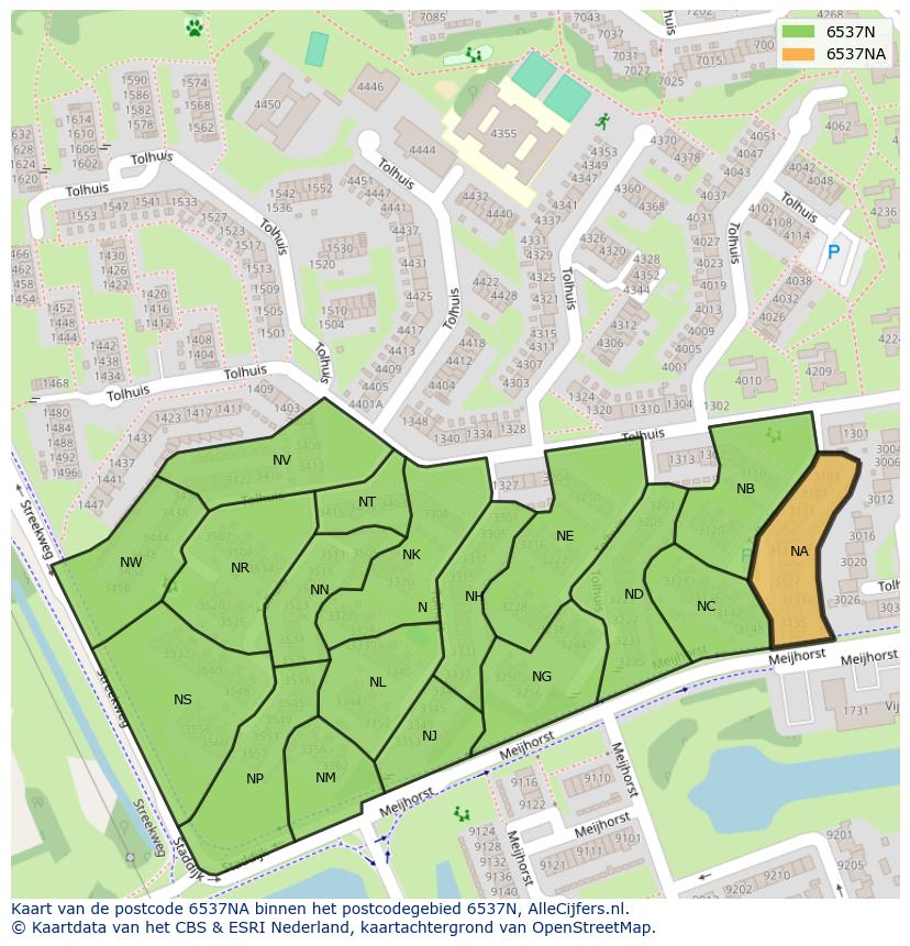 Afbeelding van het postcodegebied 6537 NA op de kaart.