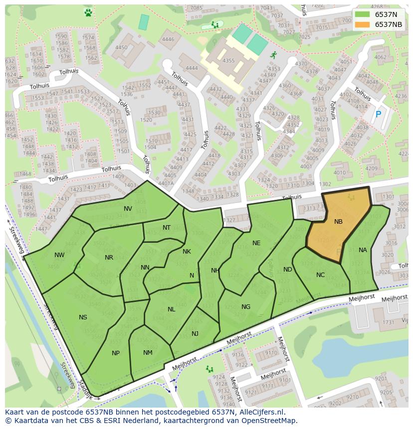 Afbeelding van het postcodegebied 6537 NB op de kaart.