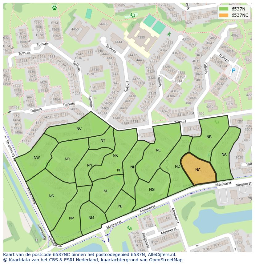 Afbeelding van het postcodegebied 6537 NC op de kaart.