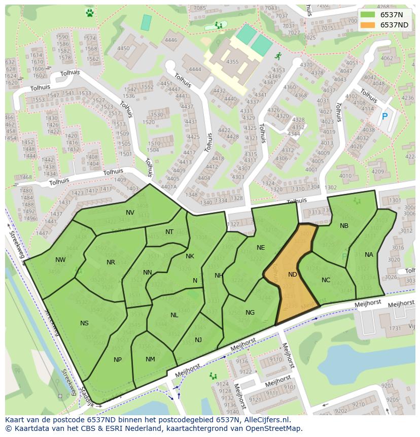 Afbeelding van het postcodegebied 6537 ND op de kaart.