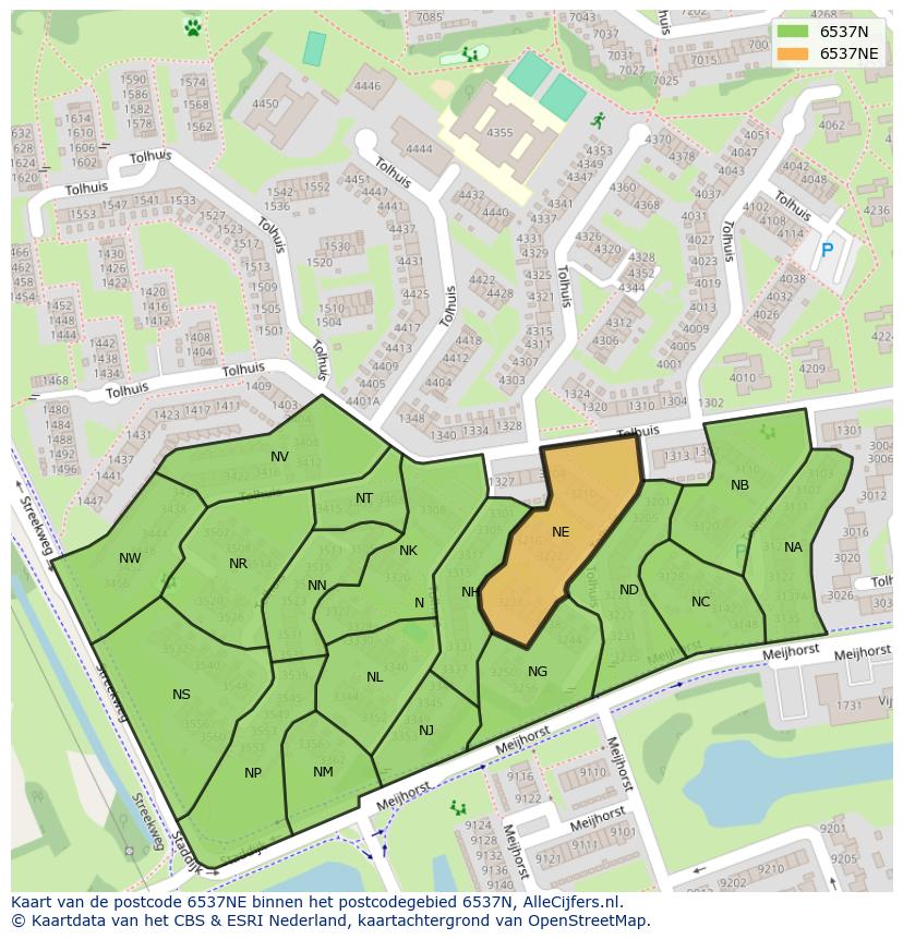 Afbeelding van het postcodegebied 6537 NE op de kaart.