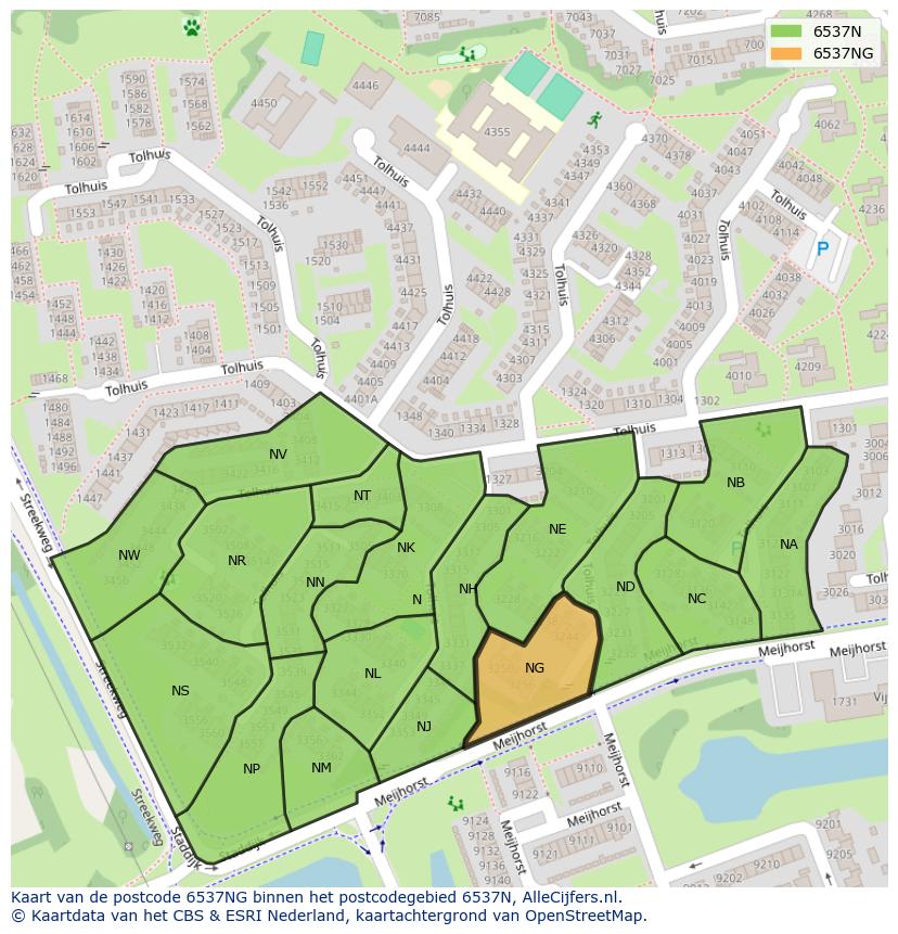 Afbeelding van het postcodegebied 6537 NG op de kaart.