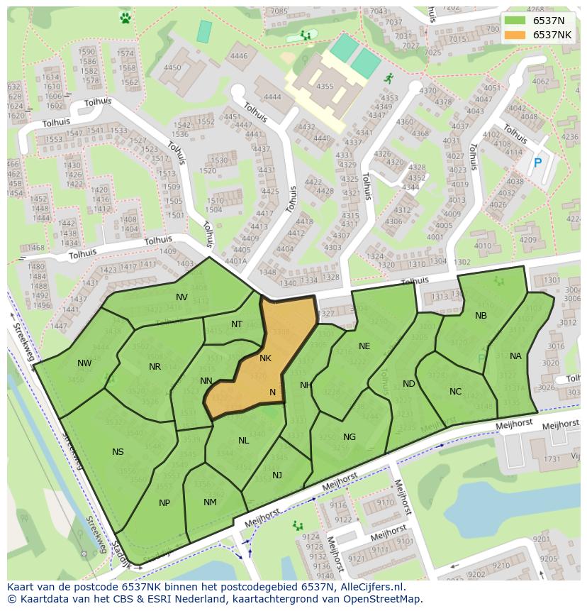 Afbeelding van het postcodegebied 6537 NK op de kaart.