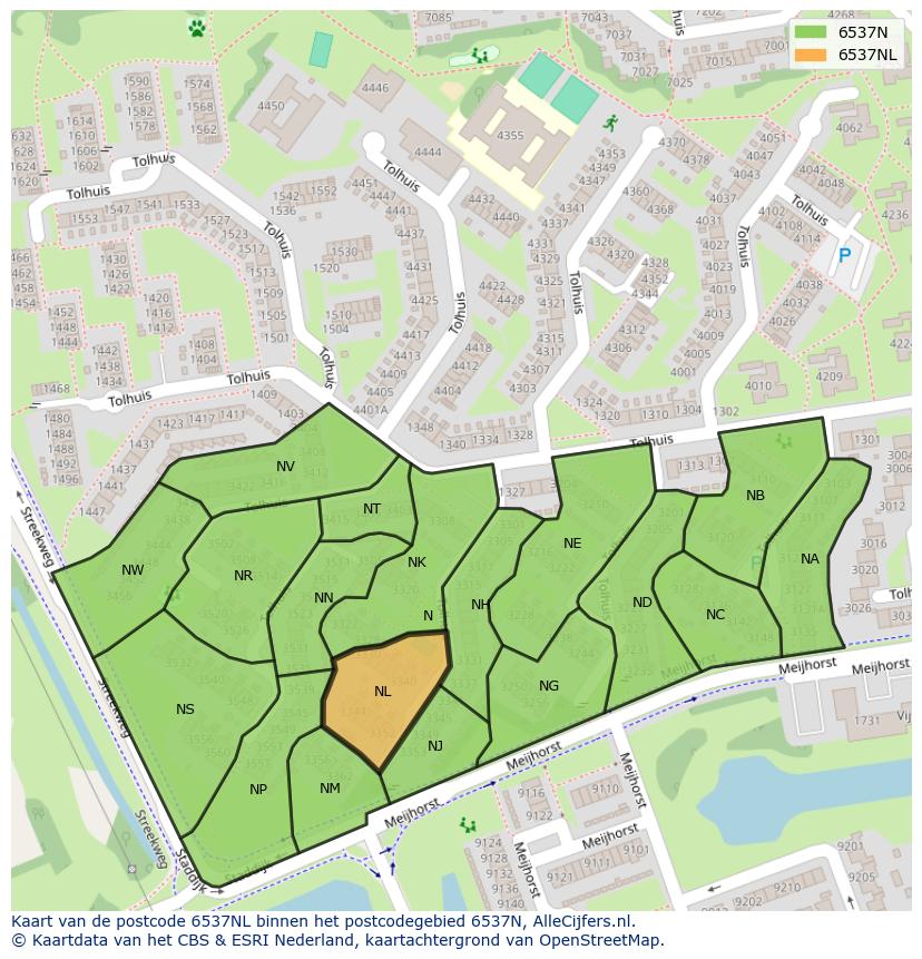 Afbeelding van het postcodegebied 6537 NL op de kaart.